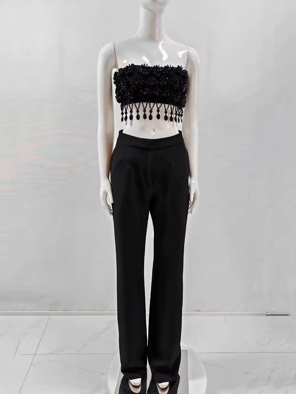 Black Bead Tassel Two Piece Pants Set - REBECATHELABEL