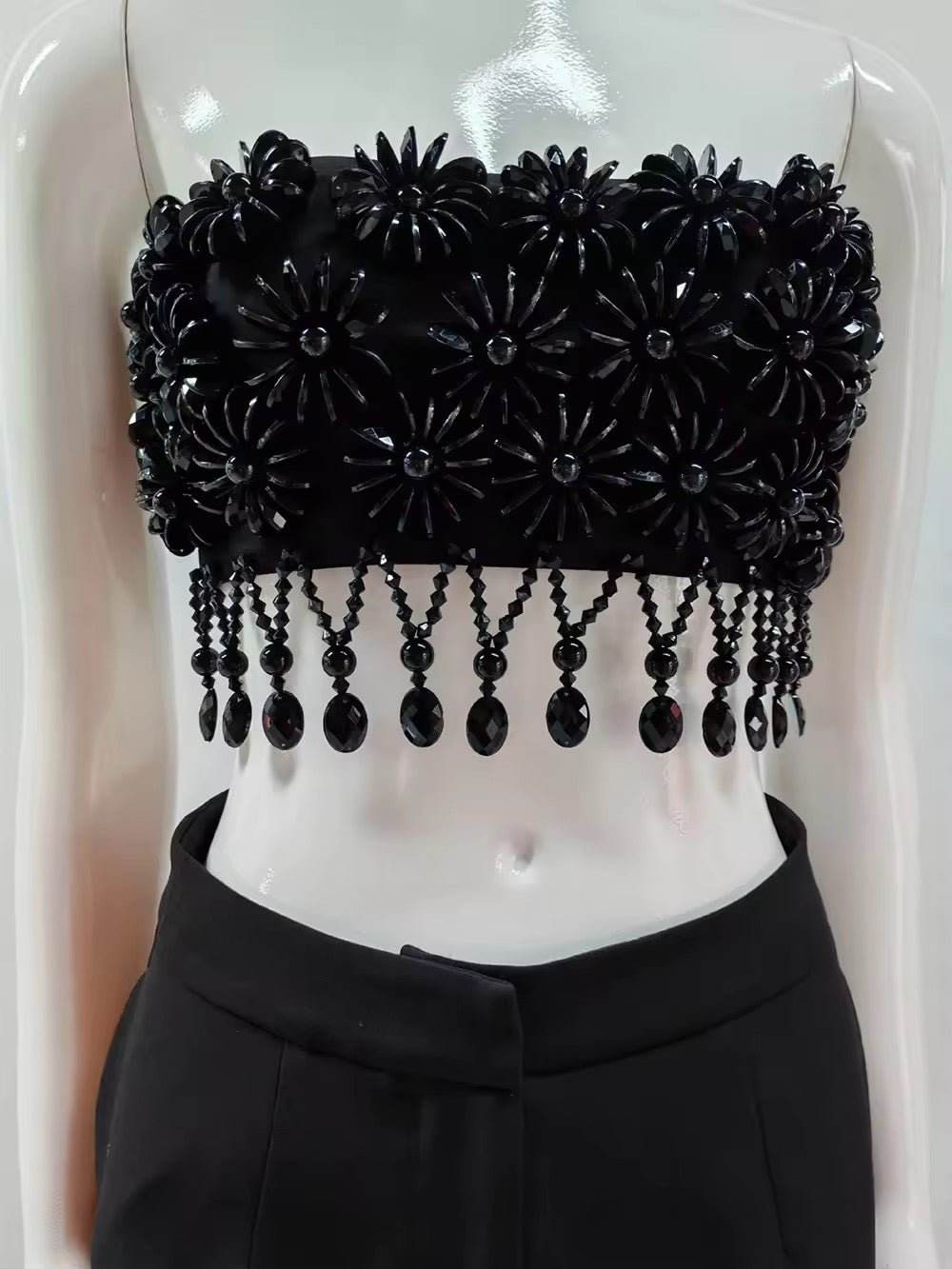 Black Bead Tassel Two Piece Pants Set - REBECATHELABEL