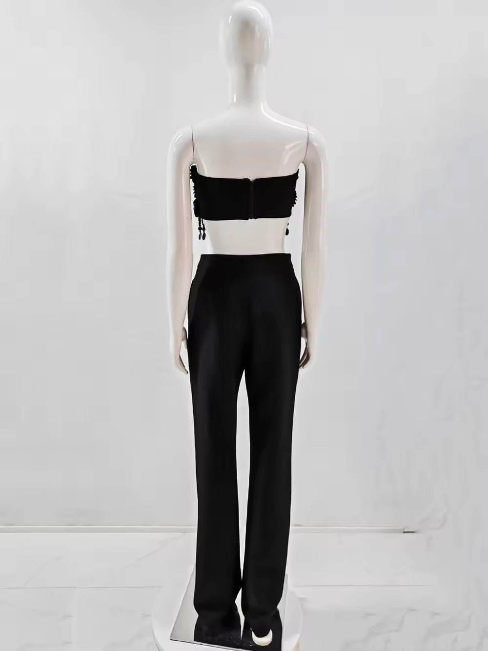 Black Bead Tassel Two Piece Pants Set - REBECATHELABEL