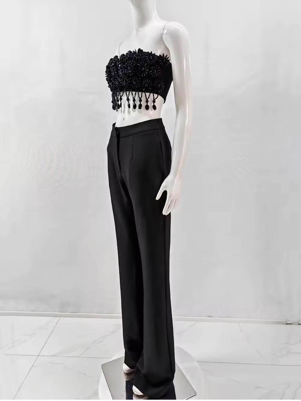 Black Bead Tassel Two Piece Pants Set - REBECATHELABEL