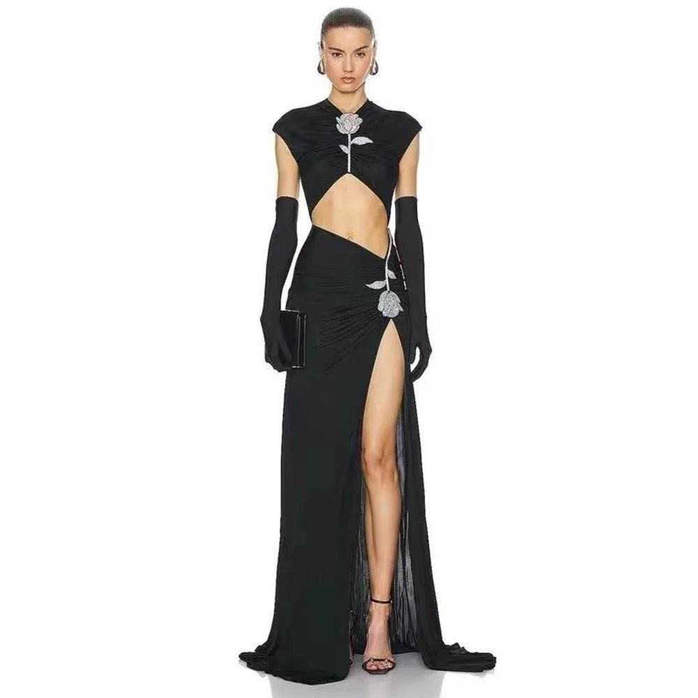 Black Crystal Rose Hollow High Split - REBECATHELABEL