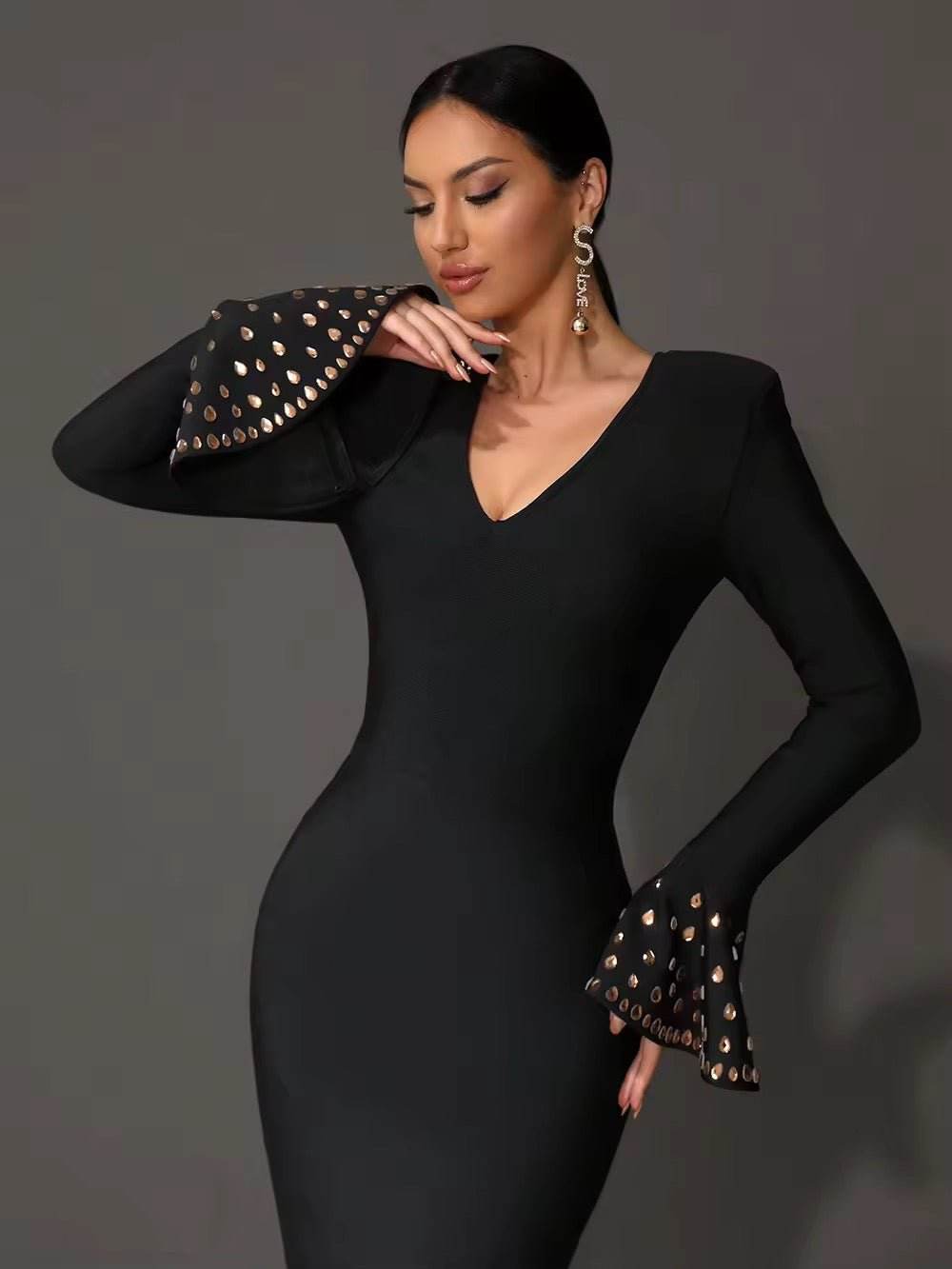 Black Crystal Sexy V-Neck Flared Sleeve Tight Long Bandage Dress - REBECATHELABEL