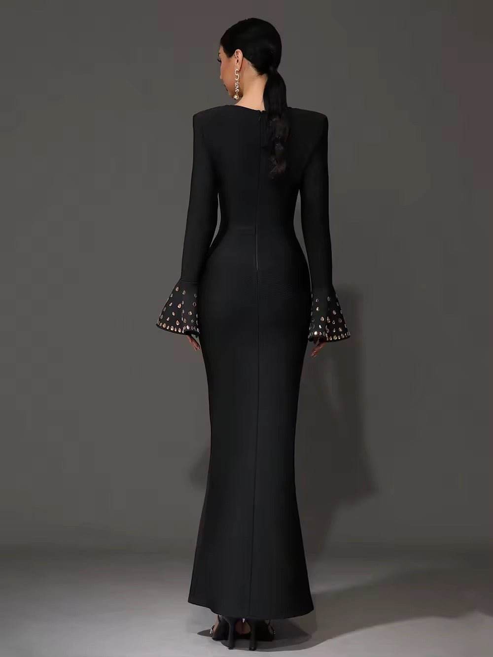 Black Crystal Sexy V-Neck Flared Sleeve Tight Long Bandage Dress - REBECATHELABEL