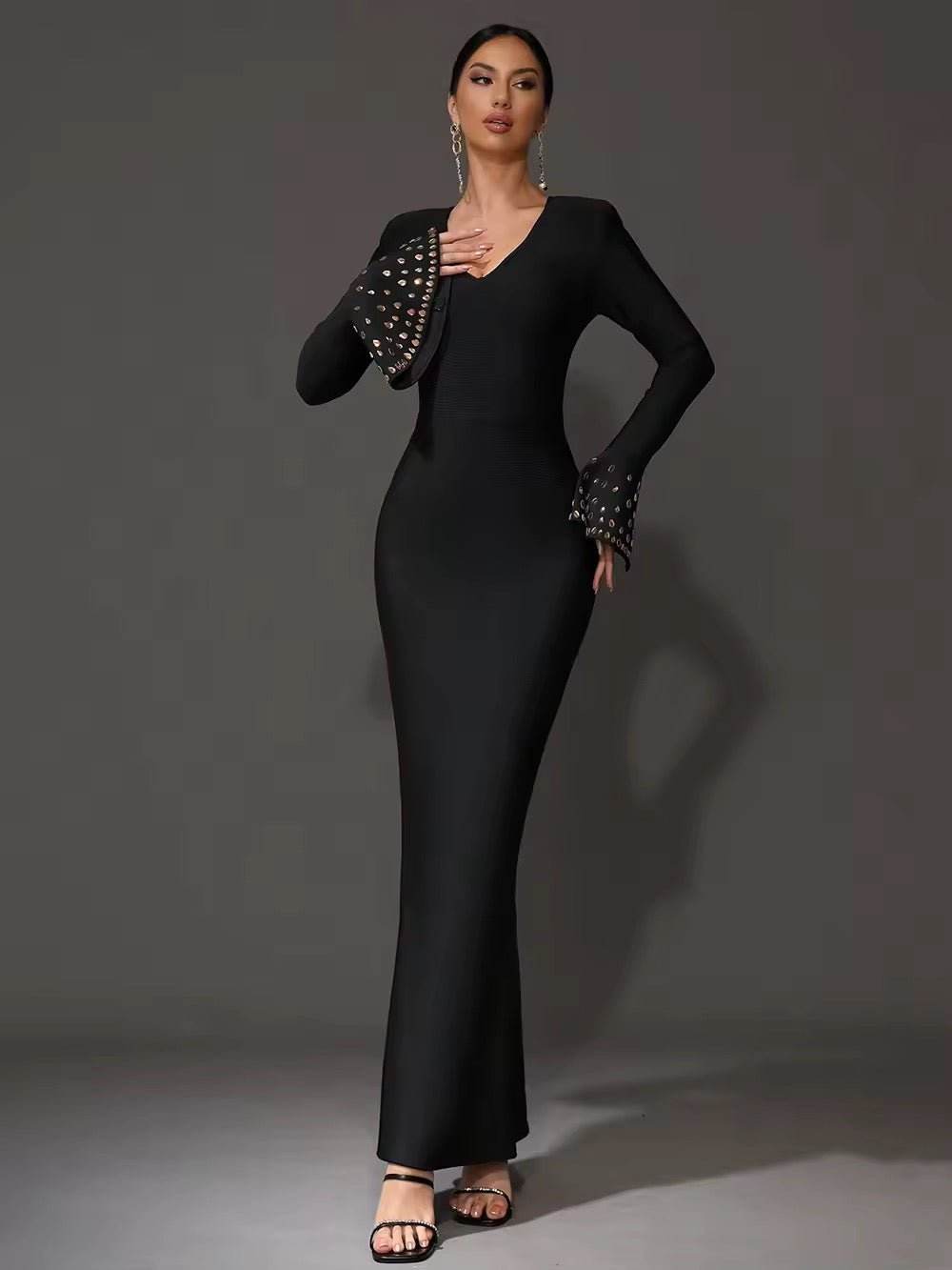 Black Crystal Sexy V-Neck Flared Sleeve Tight Long Bandage Dress - REBECATHELABEL