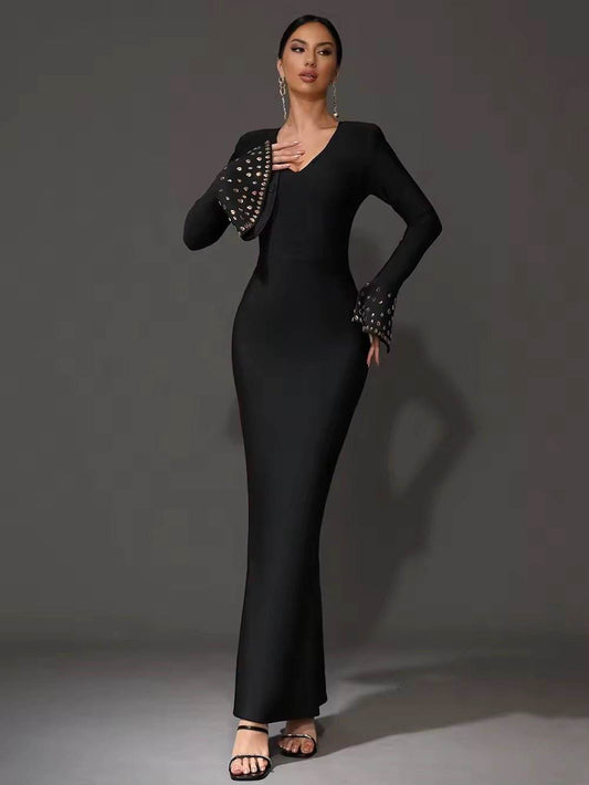 Black Crystal Sexy V-Neck Flared Sleeve Tight Long Bandage Dress - REBECATHELABEL