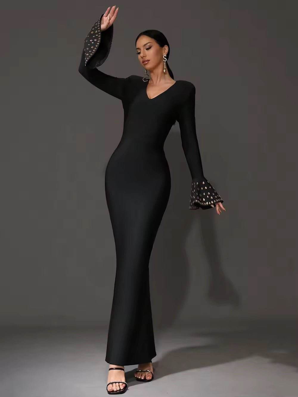 Black Crystal Sexy V-Neck Flared Sleeve Tight Long Bandage Dress - REBECATHELABEL