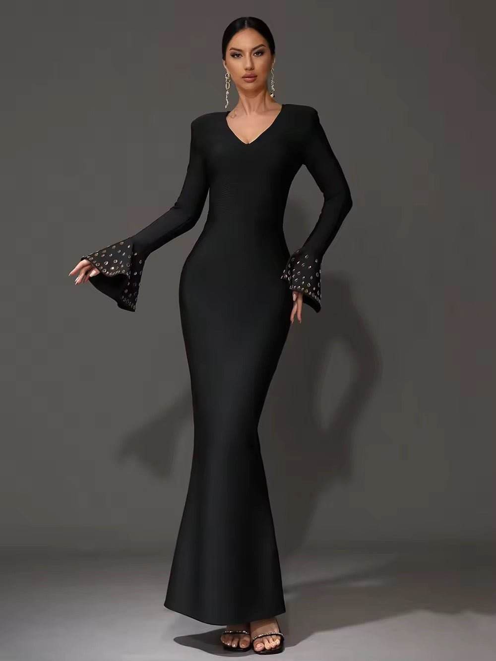 Black Crystal Sexy V-Neck Flared Sleeve Tight Long Bandage Dress - REBECATHELABEL