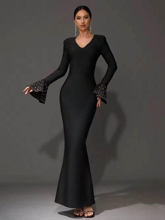 Black Crystal Sexy V-Neck Flared Sleeve Tight Long Bandage Dress - REBECATHELABEL