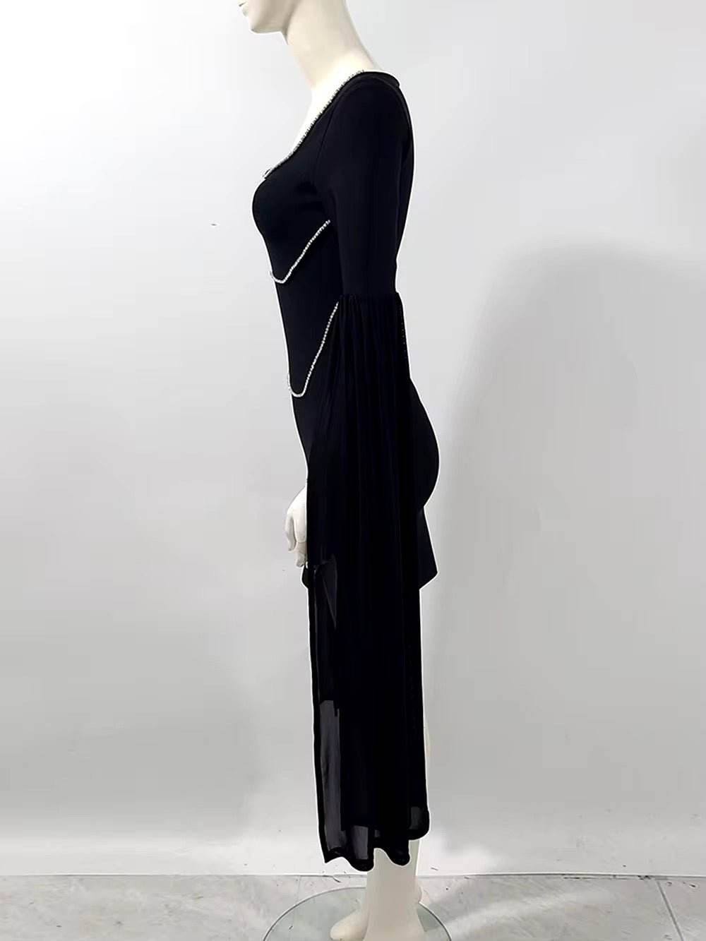 Black Extra Long Cloak Sleeve Diamond dress - REBECATHELABEL