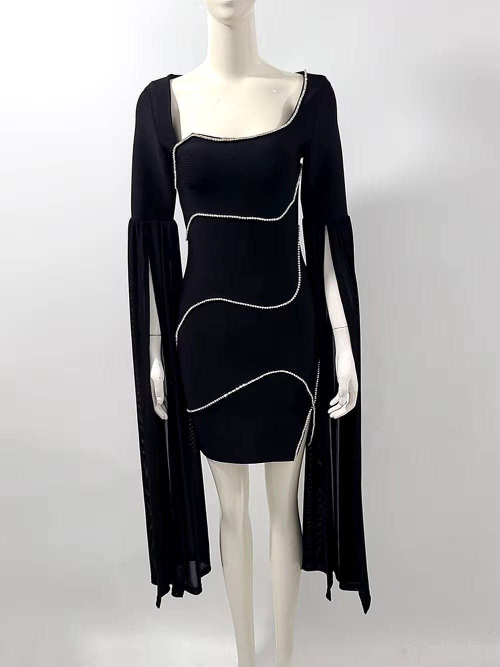 Black Extra Long Cloak Sleeve Diamond dress - REBECATHELABEL