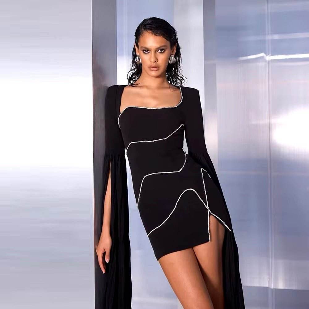 Black Extra Long Cloak Sleeve Diamond dress - REBECATHELABEL
