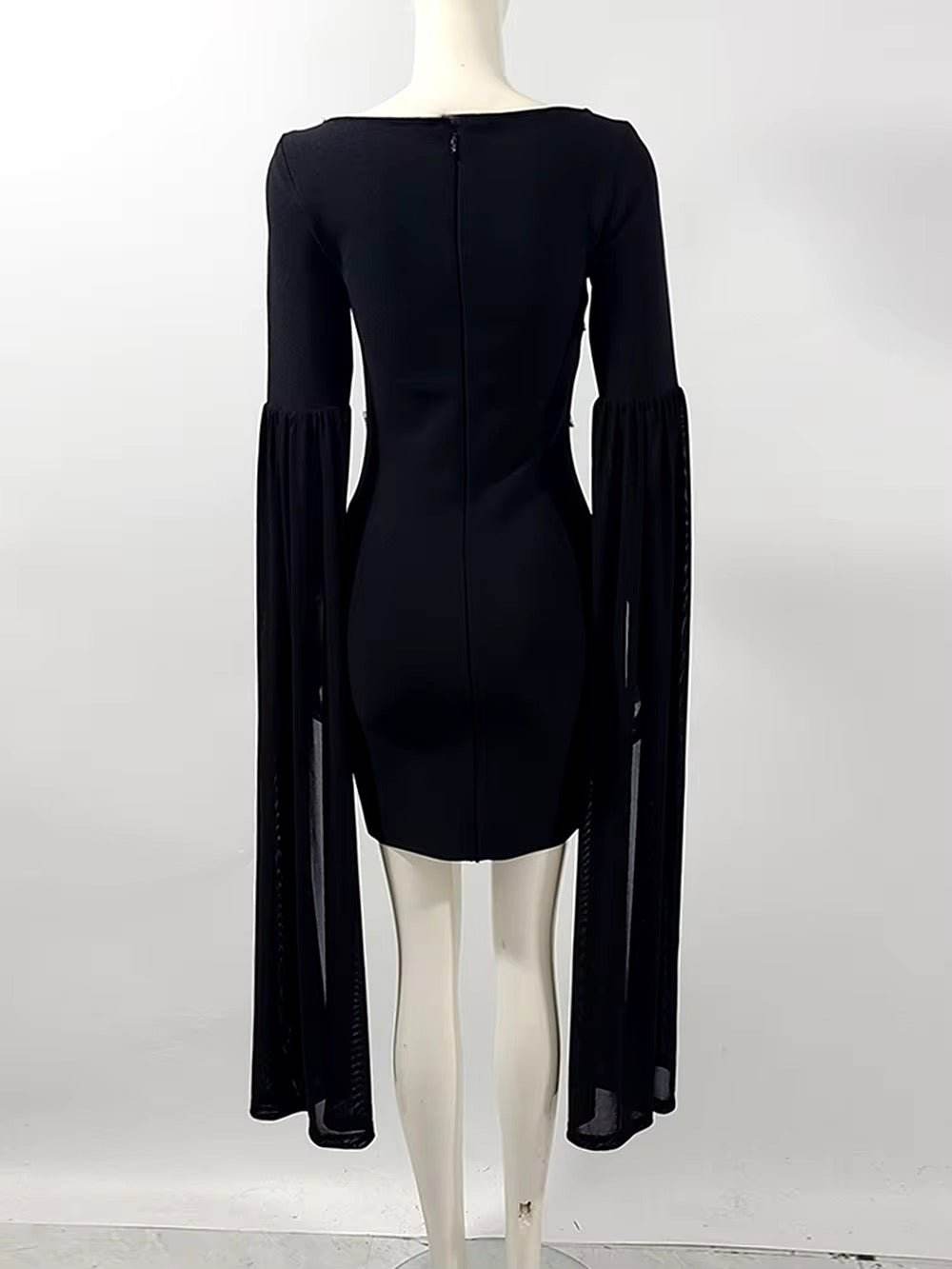 Black Extra Long Cloak Sleeve Diamond dress - REBECATHELABEL