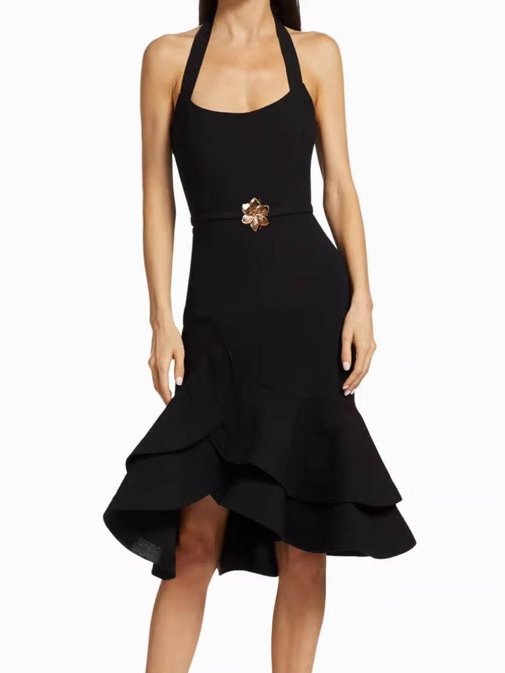 Black Halter Neck Ruffle Asymmetric Hem Chic Bandage Midi Dress - REBECATHELABEL