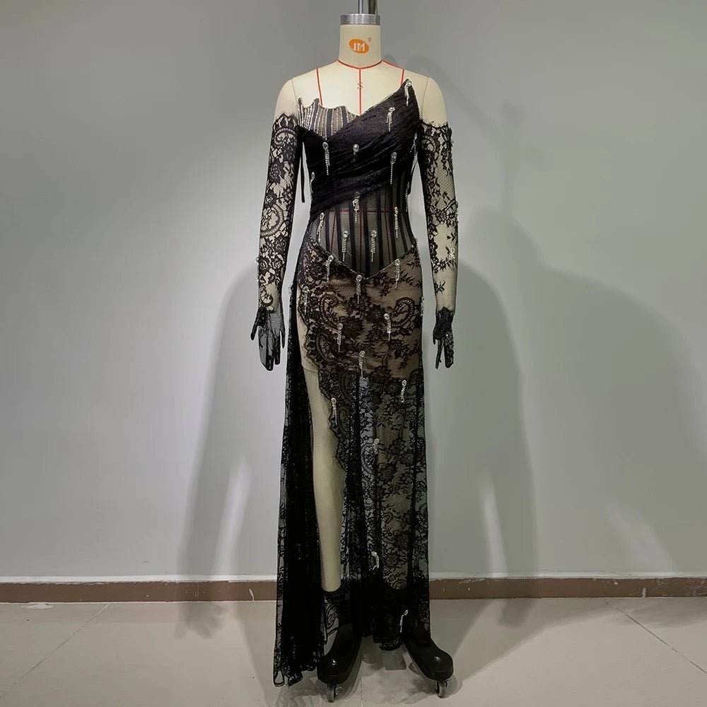 Black Lace Flower Pleated Long Dress - REBECATHELABEL