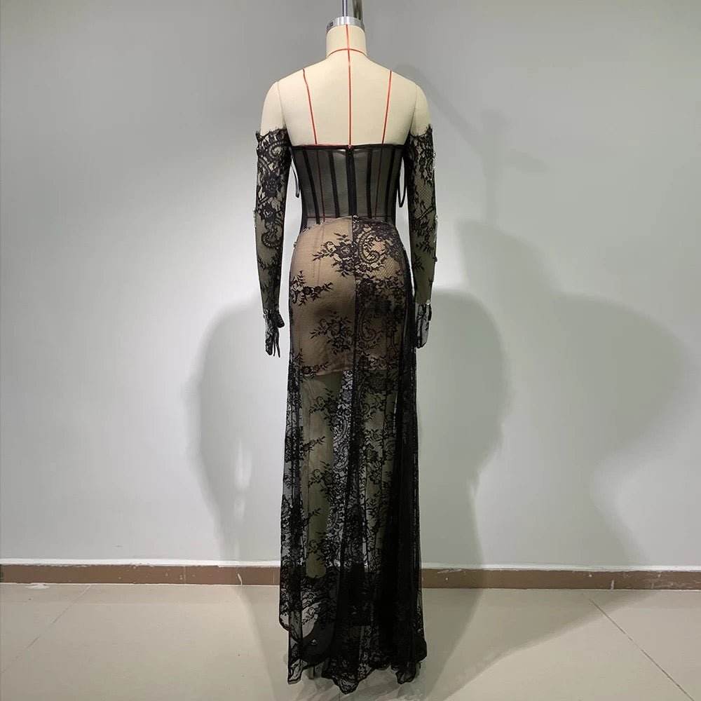Black Lace Flower Pleated Long Dress - REBECATHELABEL