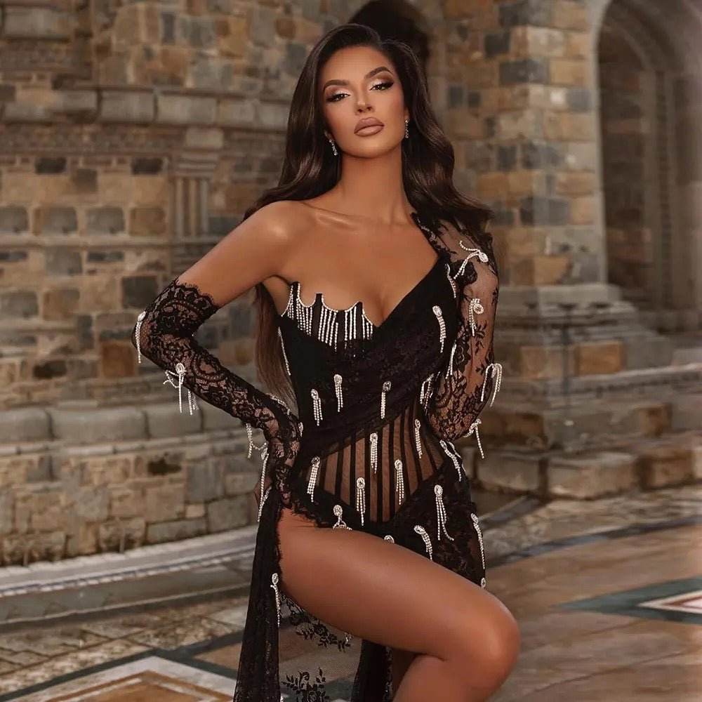 Black Lace Flower Pleated Long Dress - REBECATHELABEL