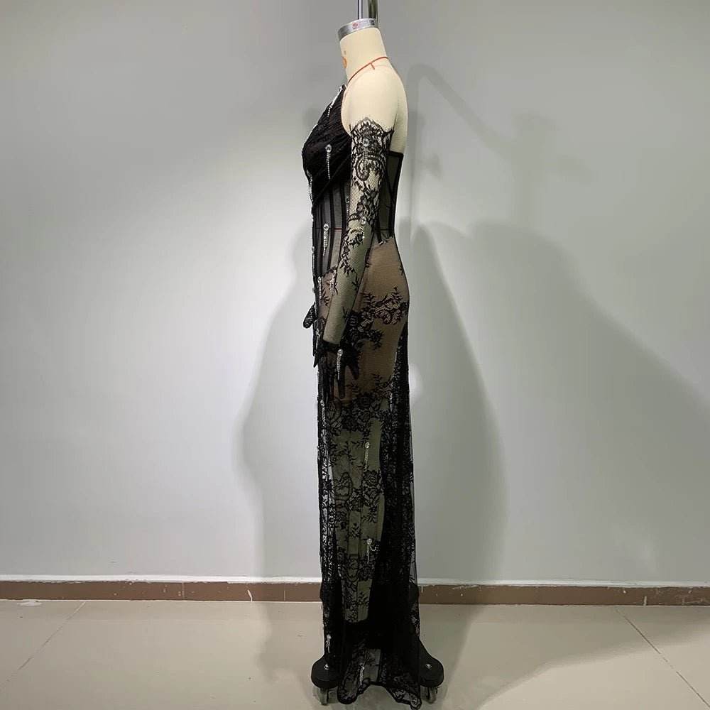 Black Lace Flower Pleated Long Dress - REBECATHELABEL
