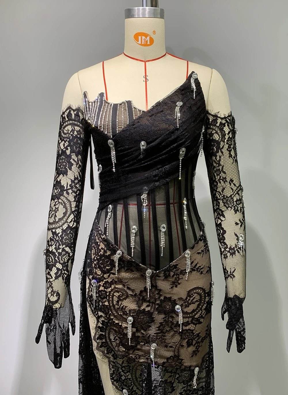 Black Lace Flower Pleated Long Dress - REBECATHELABEL