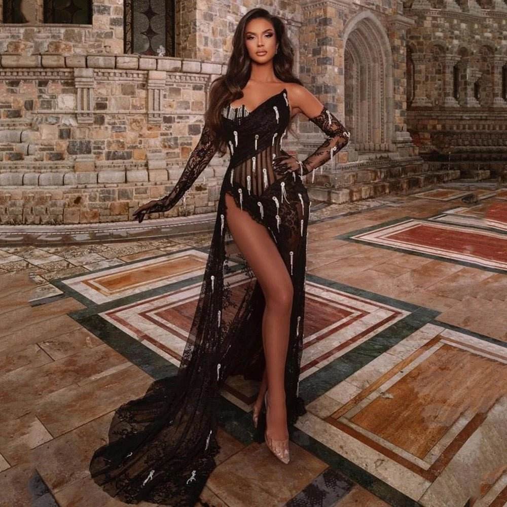 Black Lace Flower Pleated Long Dress - REBECATHELABEL