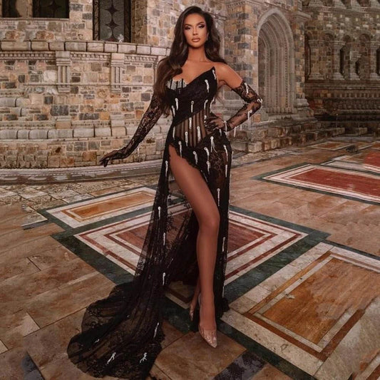 Black Lace Flower Pleated Long Dress - REBECATHELABEL