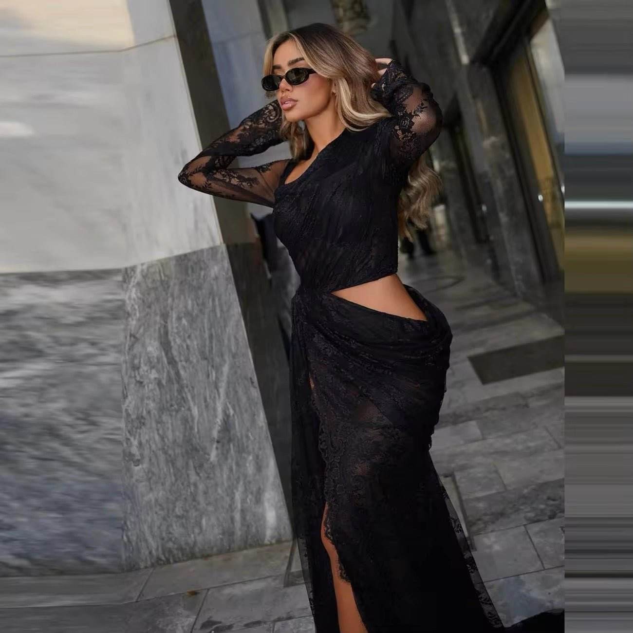 Black Lace Mermaid Evening Dress - REBECATHELABEL