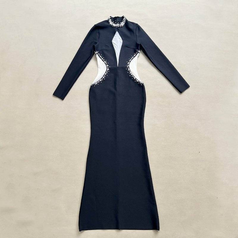 Black Long Sleeve Mesh Perspective Rhinestones dress - REBECATHELABEL