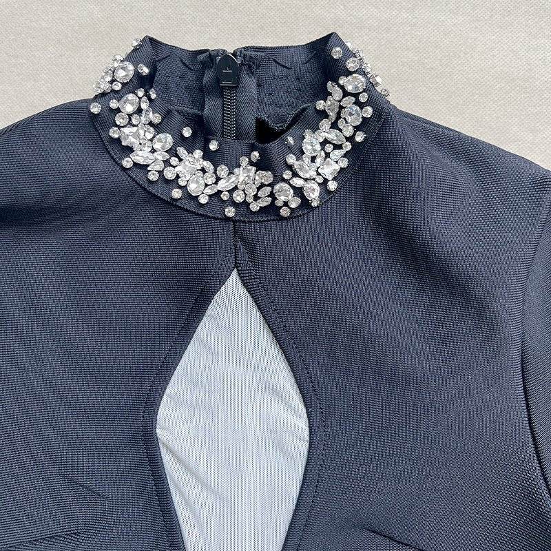 Black Long Sleeve Mesh Perspective Rhinestones dress - REBECATHELABEL