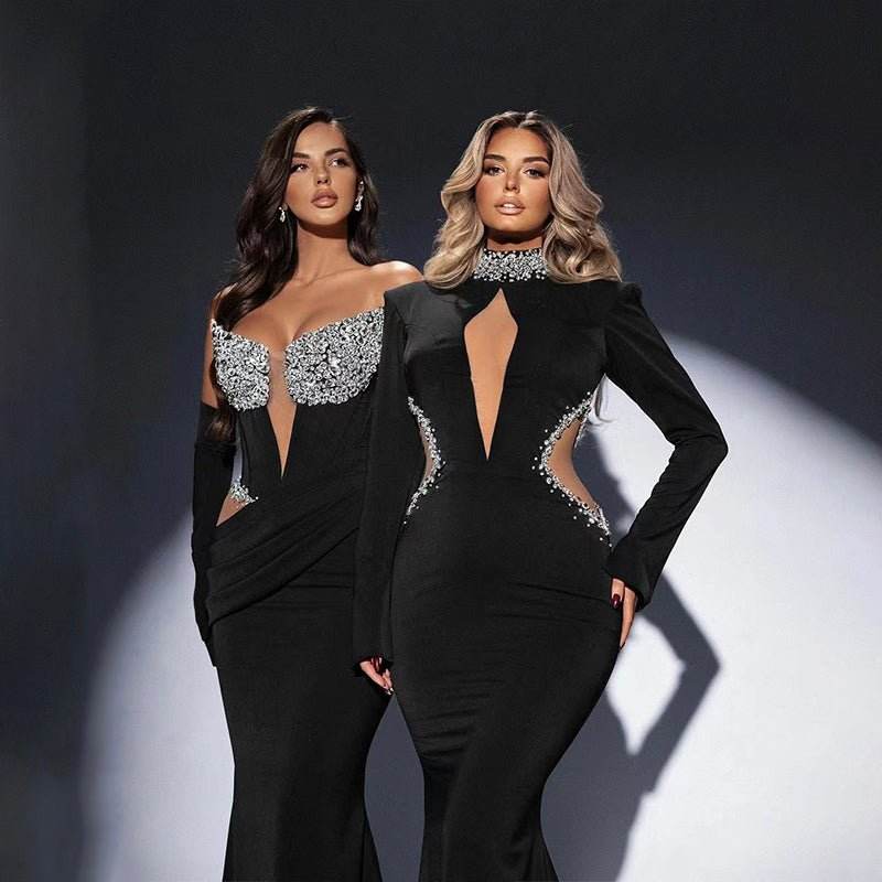 Black Long Sleeve Mesh Perspective Rhinestones dress - REBECATHELABEL