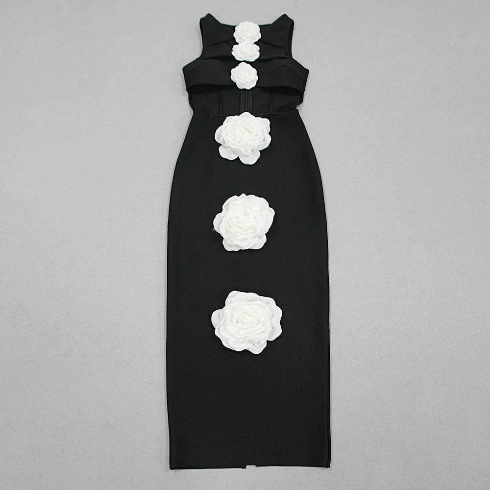 Black Sexy White 3D Flower Hollow Tight Long Bandage Dress - REBECATHELABEL