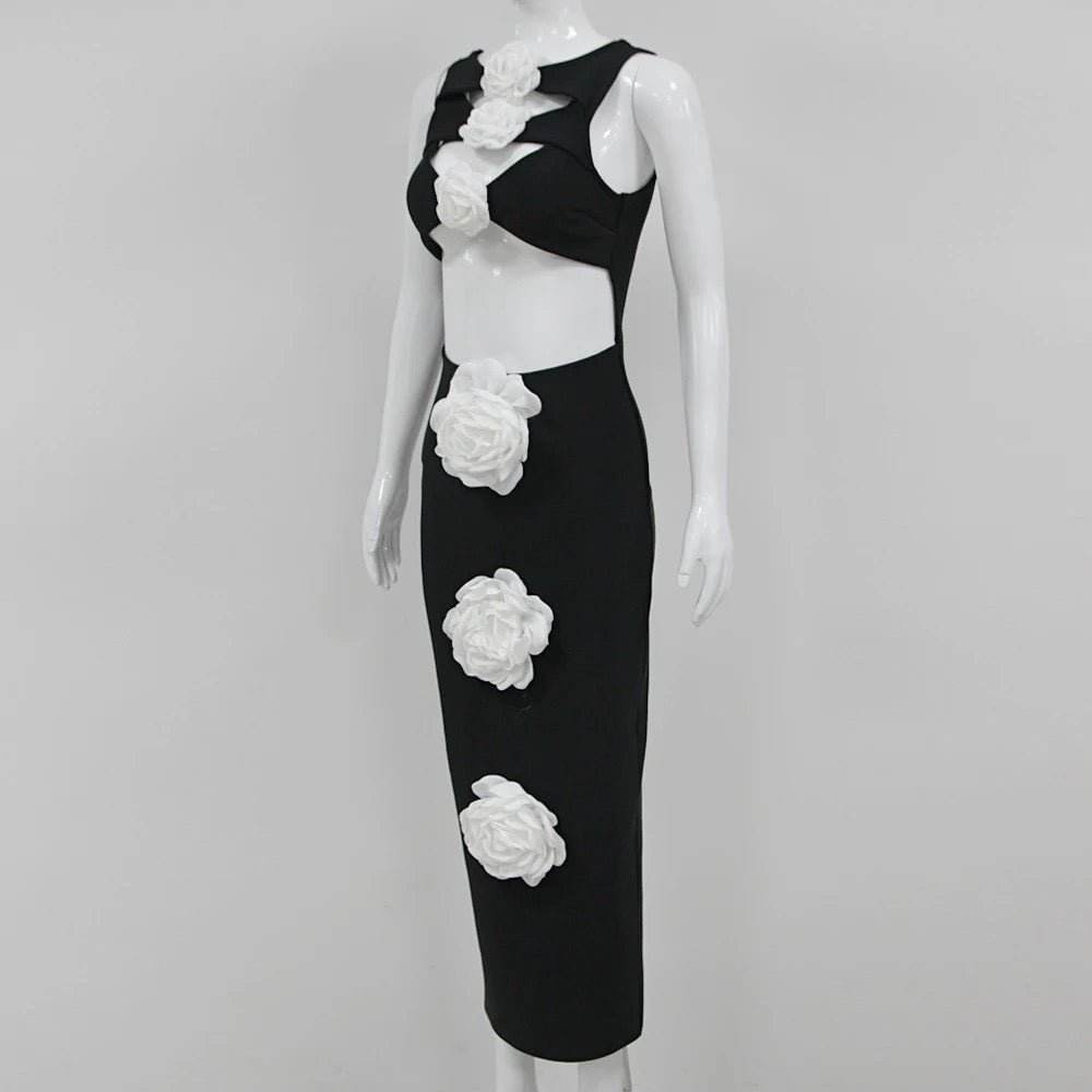 Black Sexy White 3D Flower Hollow Tight Long Bandage Dress - REBECATHELABEL