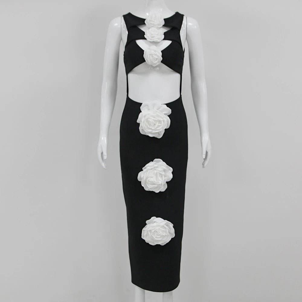 Black Sexy White 3D Flower Hollow Tight Long Bandage Dress - REBECATHELABEL