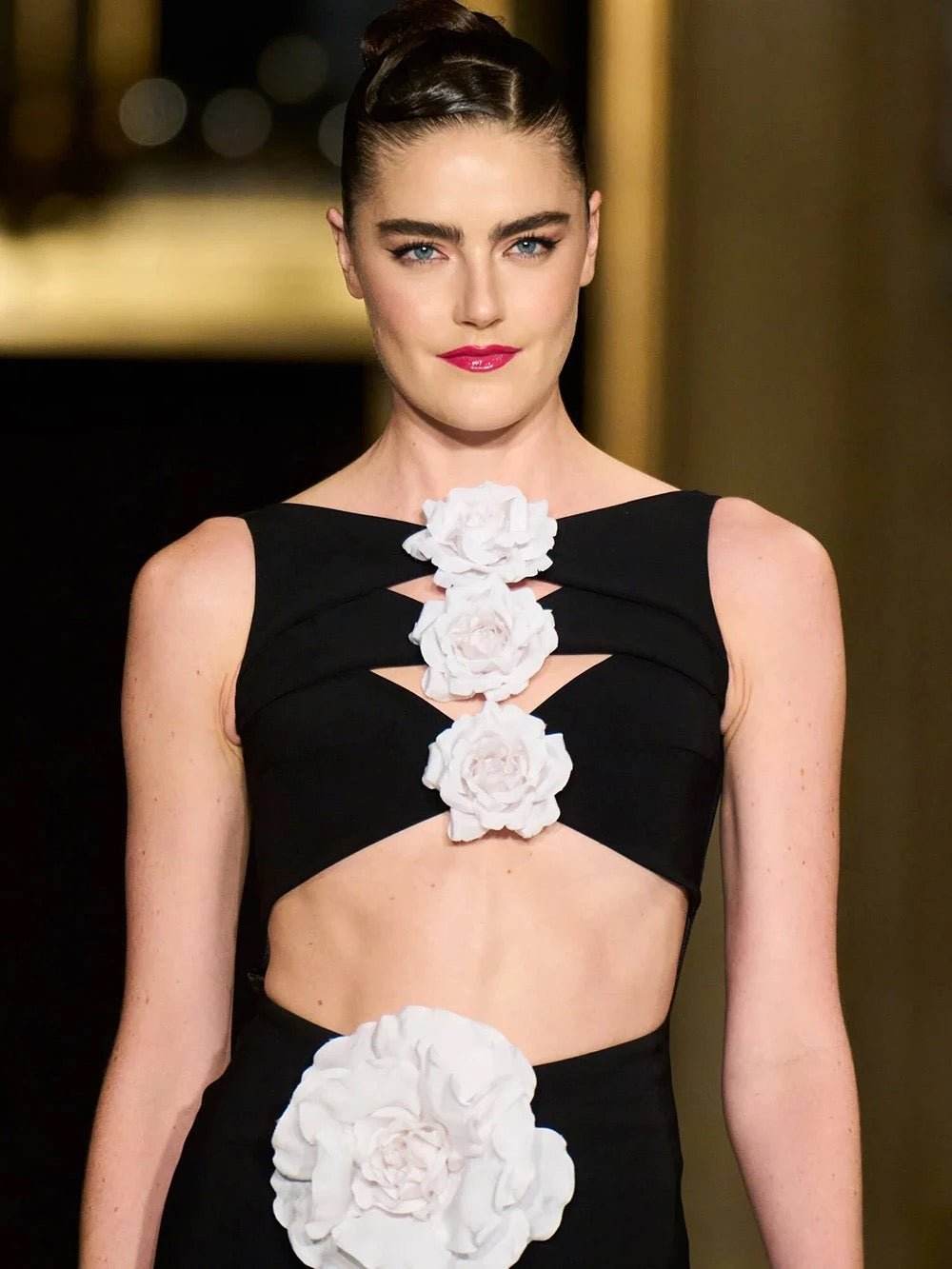 Black Sexy White 3D Flower Hollow Tight Long Bandage Dress - REBECATHELABEL