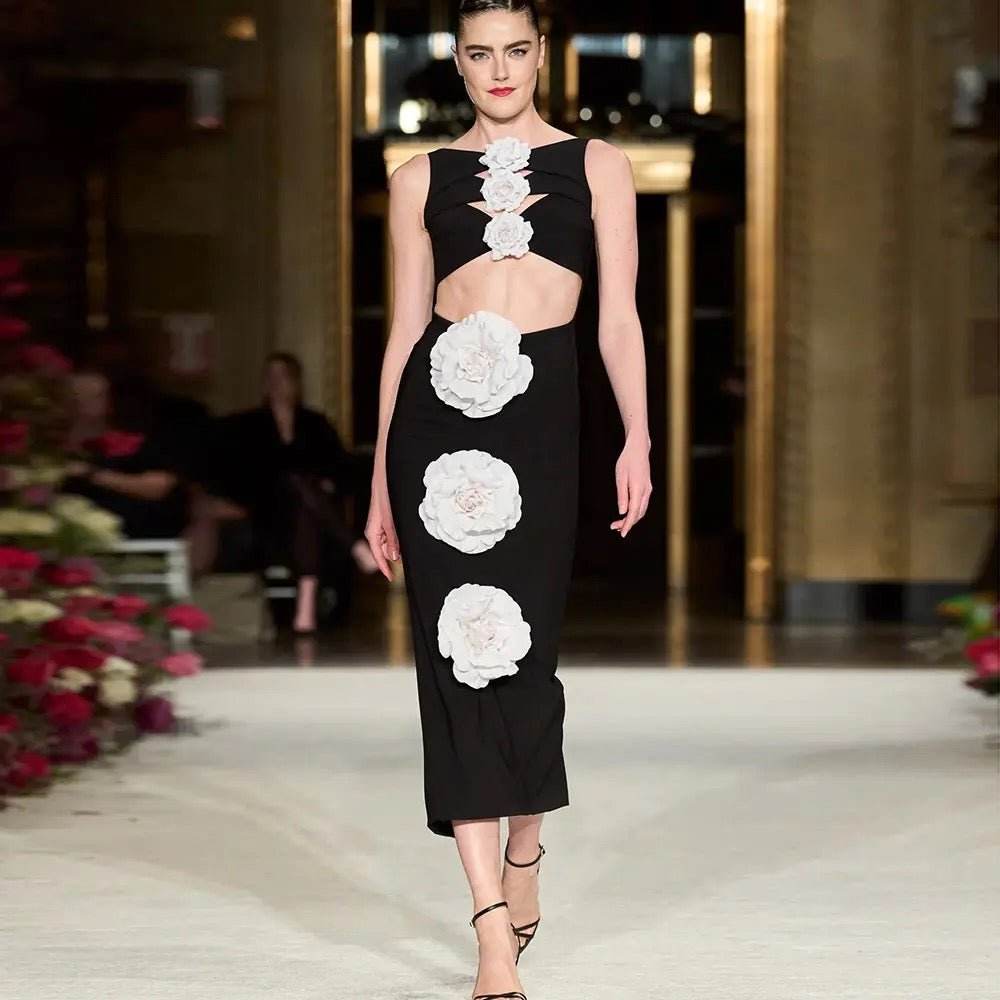 Black Sexy White 3D Flower Hollow Tight Long Bandage Dress - REBECATHELABEL