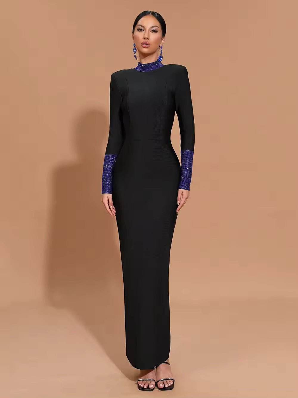 Black Turtleneck Bodycon Rhinestone Backless Long Sleeve Bandage Maxi Dress - REBECATHELABEL
