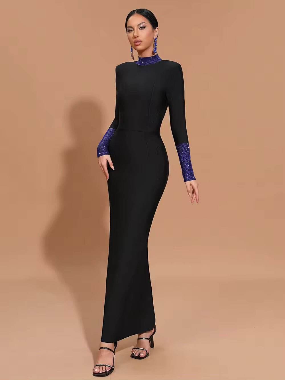 Black Turtleneck Bodycon Rhinestone Backless Long Sleeve Bandage Maxi Dress - REBECATHELABEL