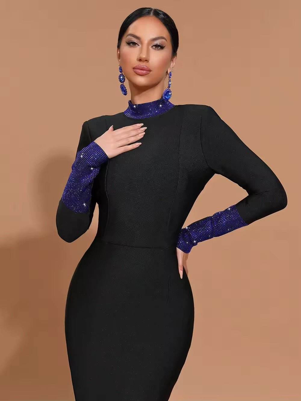 Black Turtleneck Bodycon Rhinestone Backless Long Sleeve Bandage Maxi Dress - REBECATHELABEL