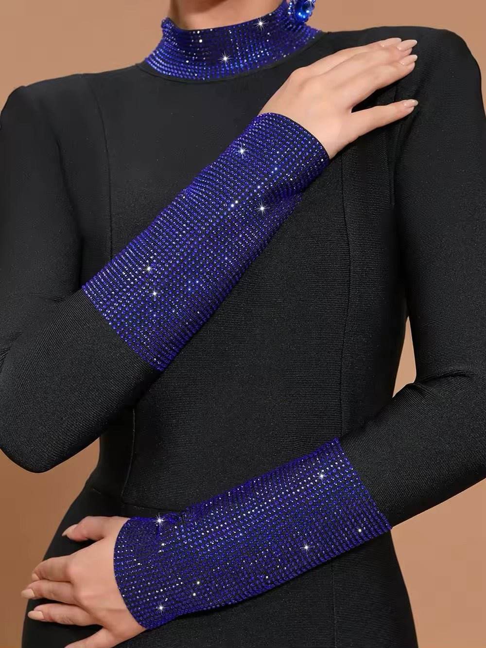 Black Turtleneck Bodycon Rhinestone Backless Long Sleeve Bandage Maxi Dress - REBECATHELABEL