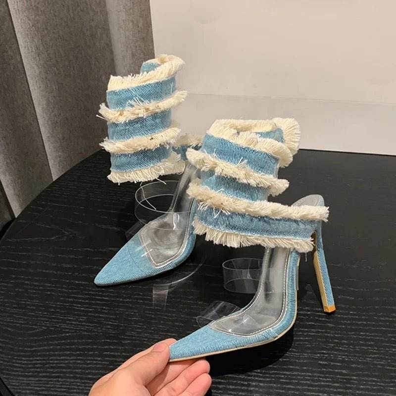 Blue Denim Ankle Strap Sandals - REBECATHELABEL