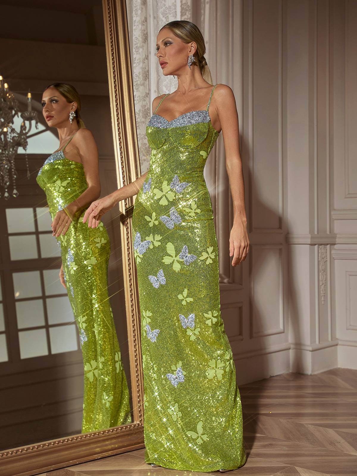 Butterfly Rhinestone Sequin Maxi Dress - REBECATHELABEL