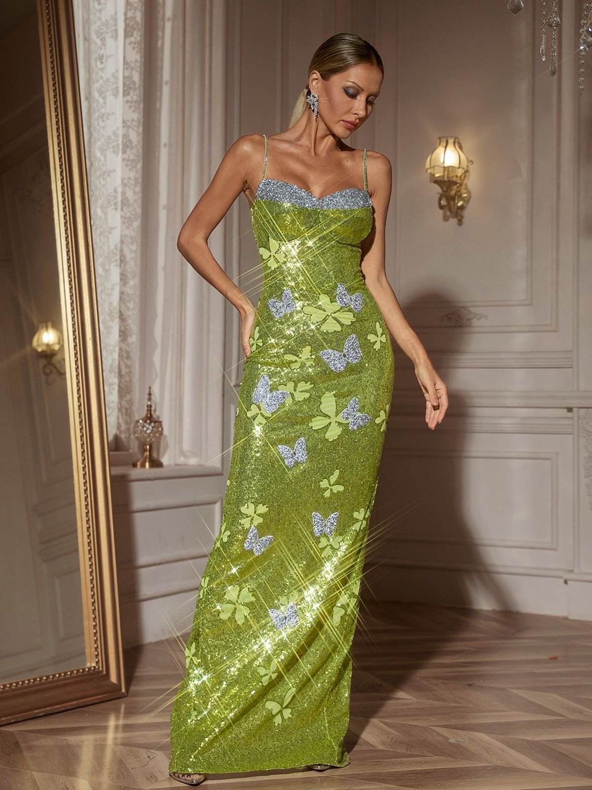 Butterfly Rhinestone Sequin Maxi Dress - REBECATHELABEL