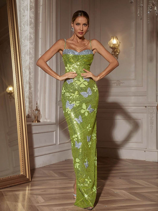 Butterfly Rhinestone Sequin Maxi Dress - REBECATHELABEL
