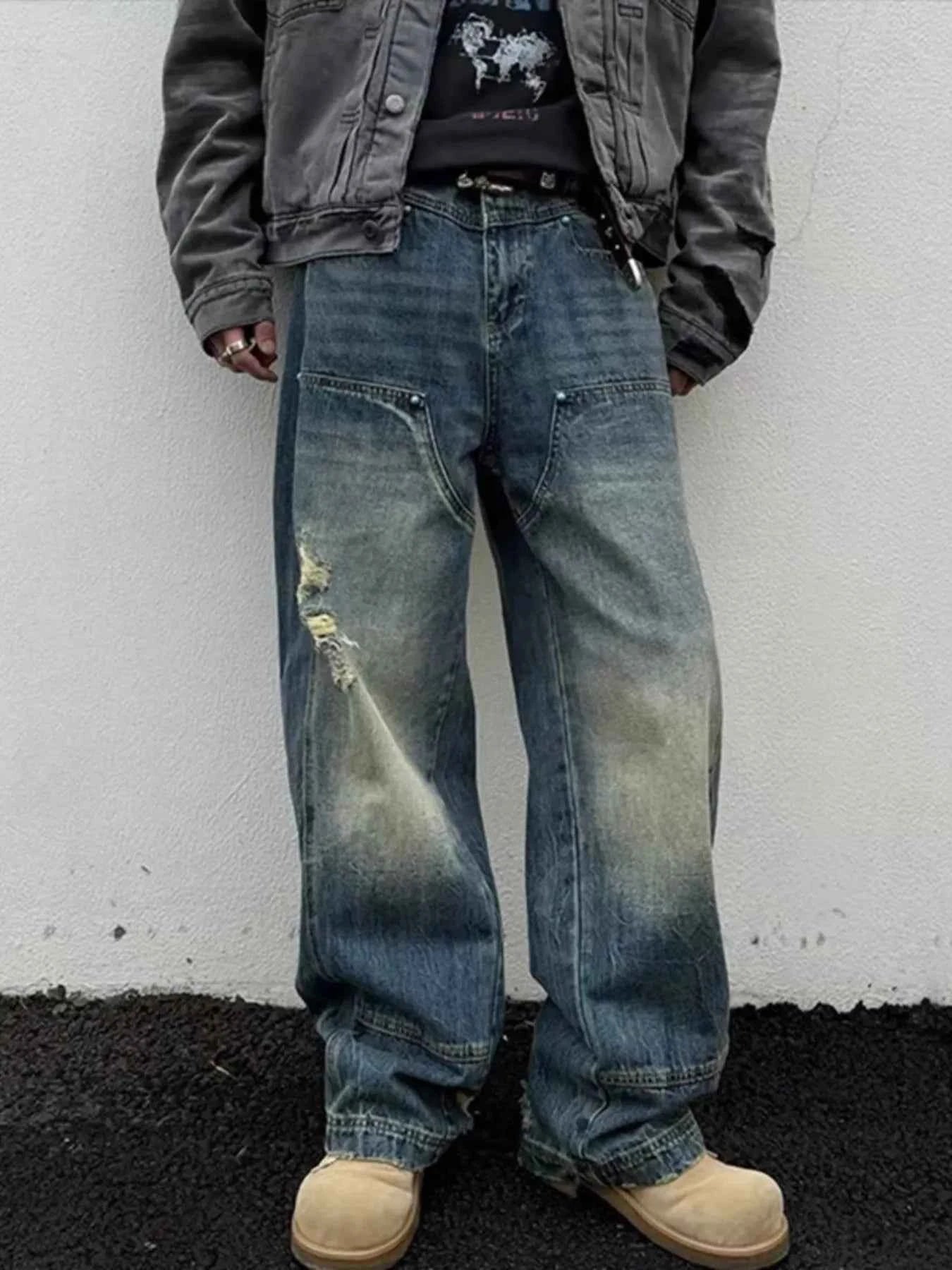 Men's Full Size Distressed Wide Leg Jeans Plus Size