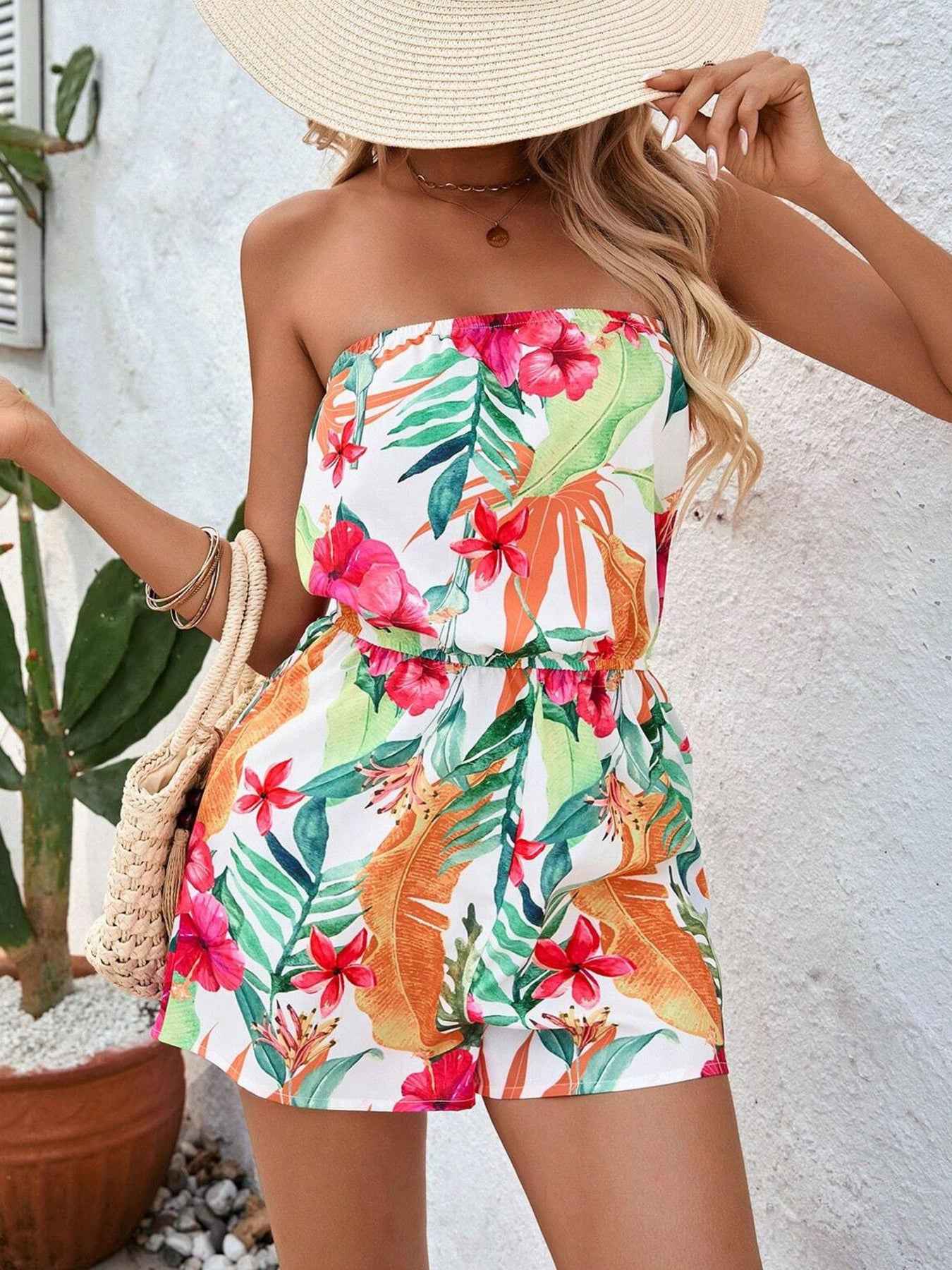 Tropical Print Strapless Elastic Waist Romper