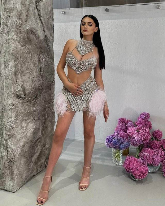 Camille feather sequin diamond dress - REBECATHELABEL