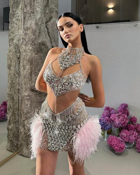 Camille feather sequin diamond dress - REBECATHELABEL