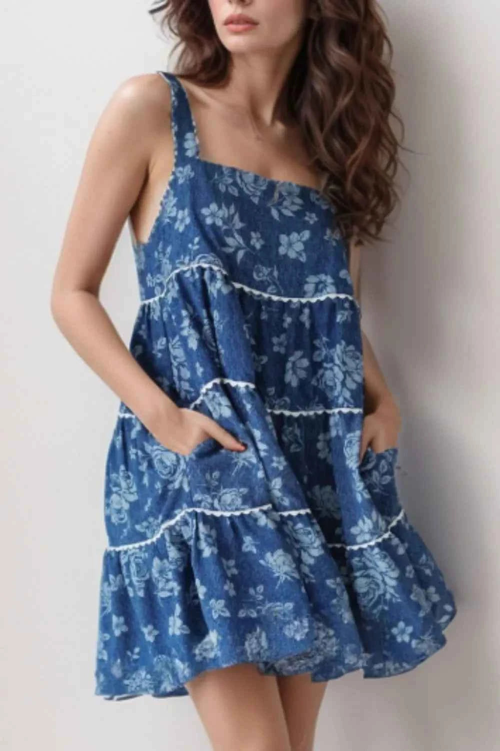 Floral Tiered Square Neck Denim Dress