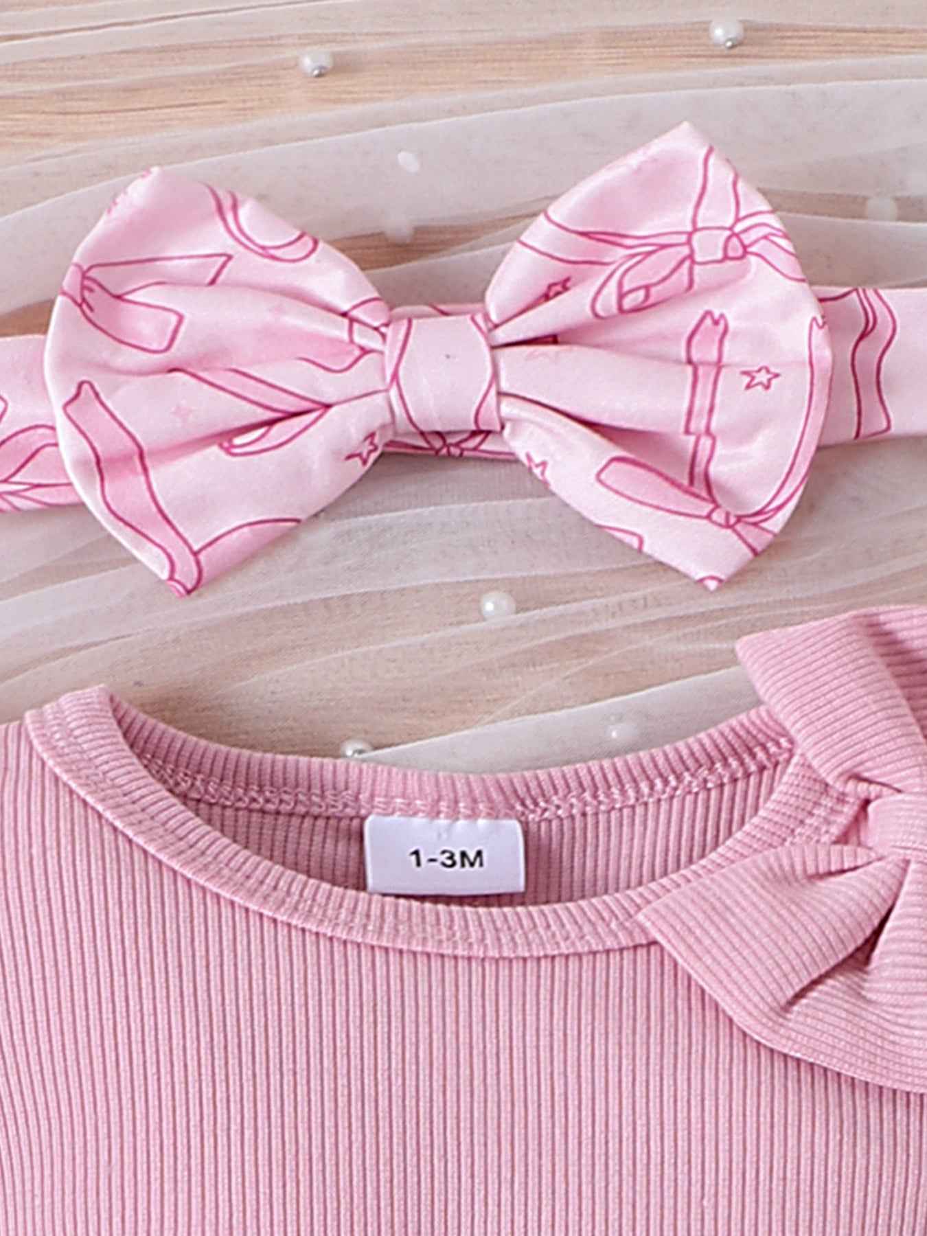 Children's Bowknot Ruffle Trim Bodysuit & Skort & Headband Set