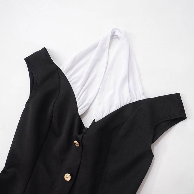 Contrast Patchwork Halter High Waist Dress - REBECATHELABEL