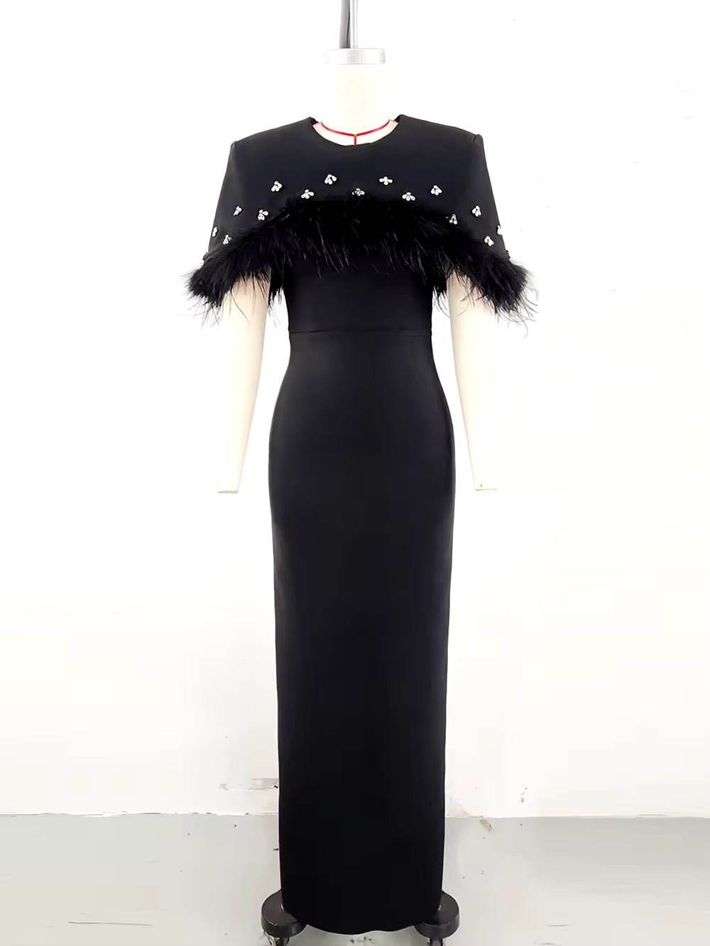 Crew Neck Feathers Diamonds Shawl Sleeves Long dress - REBECATHELABEL