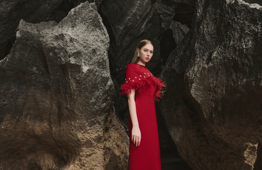 Crew Neck Feathers Diamonds Shawl Sleeves Long dress - REBECATHELABEL